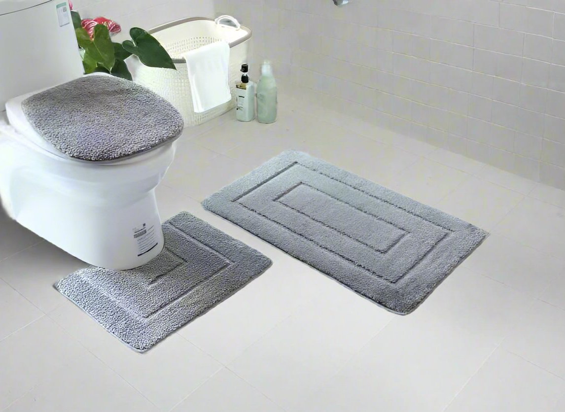 3 Piece Flocking Toilet Set | Includes Big Mat, Toilet Lid Cover, and Contoured Floor Mat | Decorative and Functional Bathroom Accessories