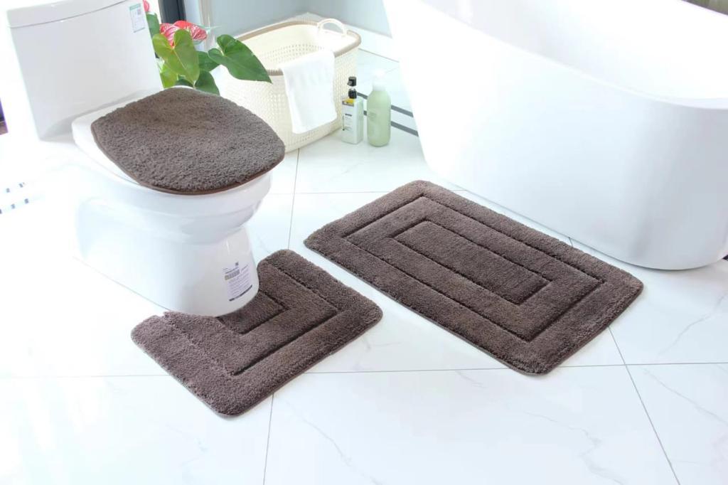 3 Piece Flocking Toilet Set | Includes Big Mat, Toilet Lid Cover, and Contoured Floor Mat | Decorative and Functional Bathroom Accessories