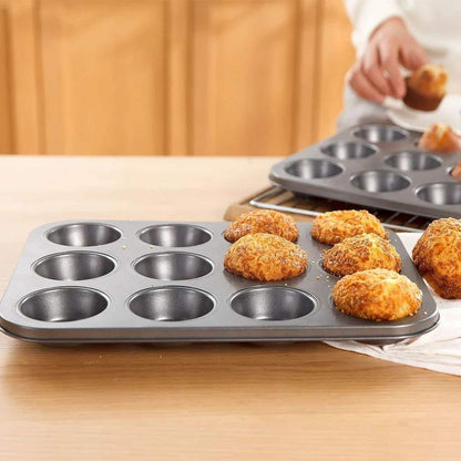 12 Hole Cupcake Baking Tin |  Non-Slip, Durable Carbon Steel Muffin and Cupcake Pan