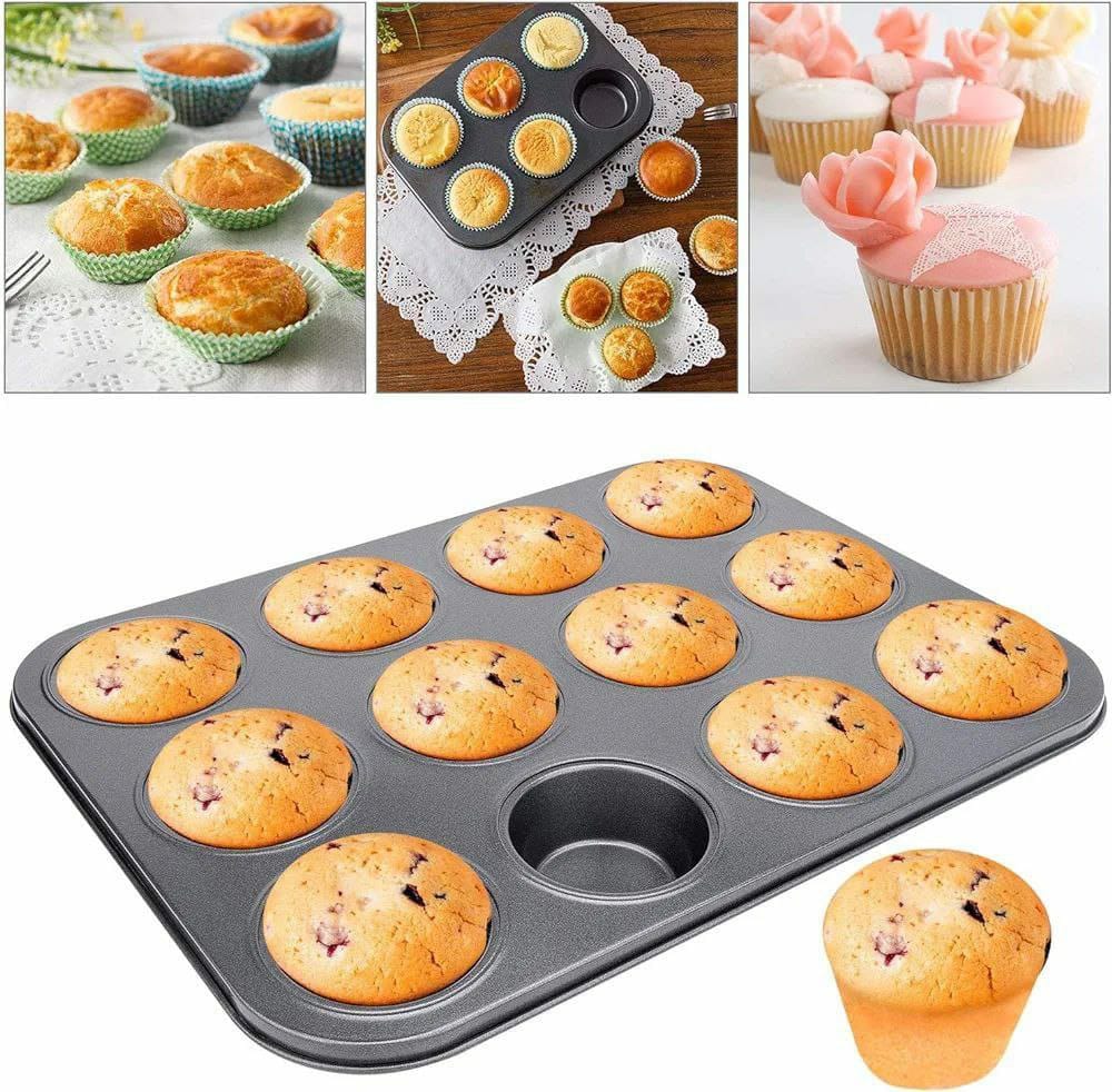 12 Hole Cupcake Baking Tin |  Non-Slip, Durable Carbon Steel Muffin and Cupcake Pan