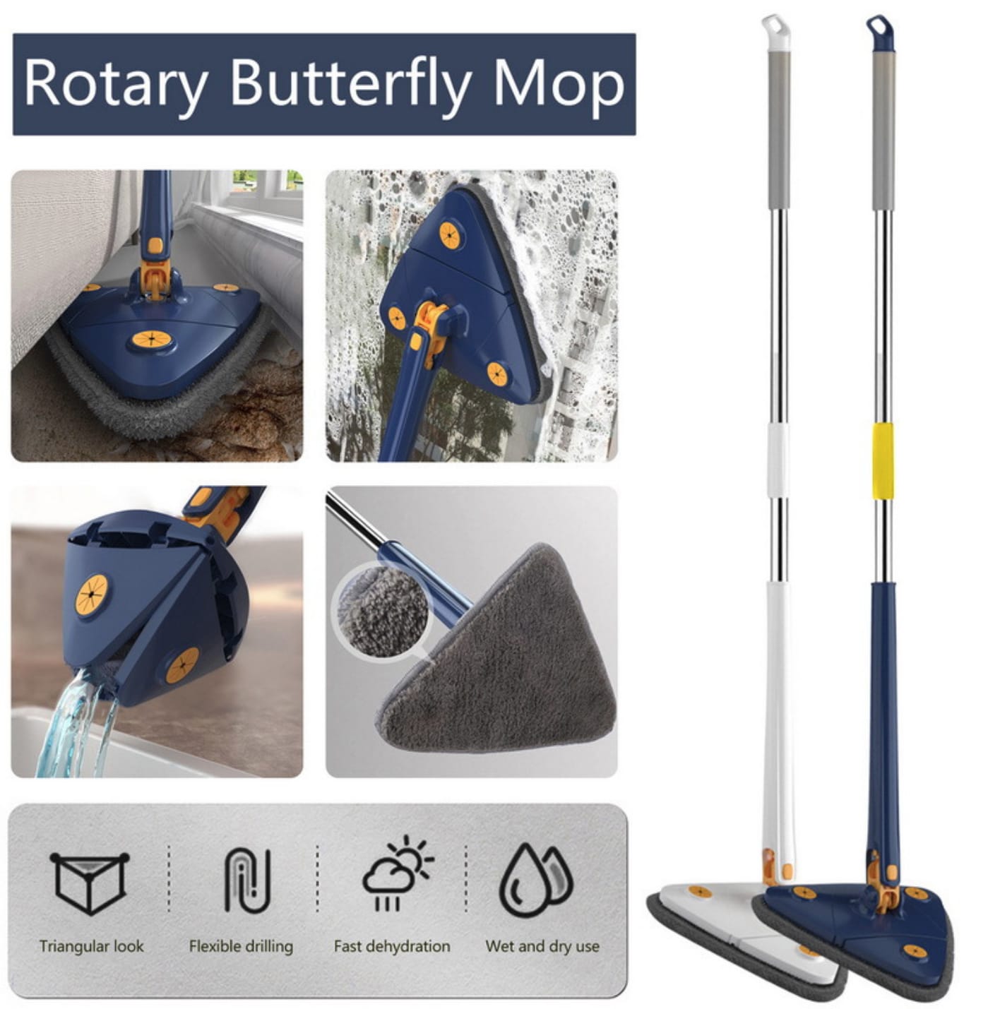 Triangle 360° Rotatable Extendable Cleaning Mop Adjustable Microfiber Mop for Tubs, Tile Floors, Walls & Ceilings