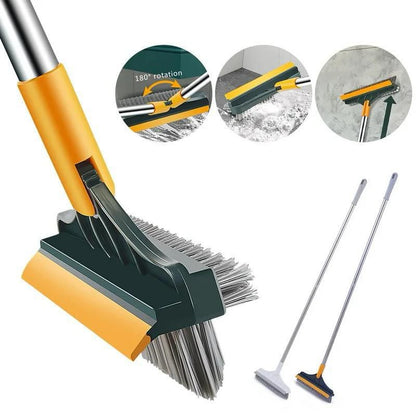 3 in 1 V Shaped Floor Scrubbing Brush with Broom & Squeegee 180° Rotatable Long Handle, Stiff Bristles, and Scraper for Corners