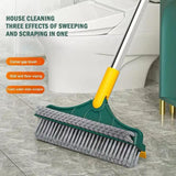 3 in 1 V Shaped Floor Scrubbing Brush with Broom & Squeegee 180° Rotatable Long Handle, Stiff Bristles, and Scraper for Corners