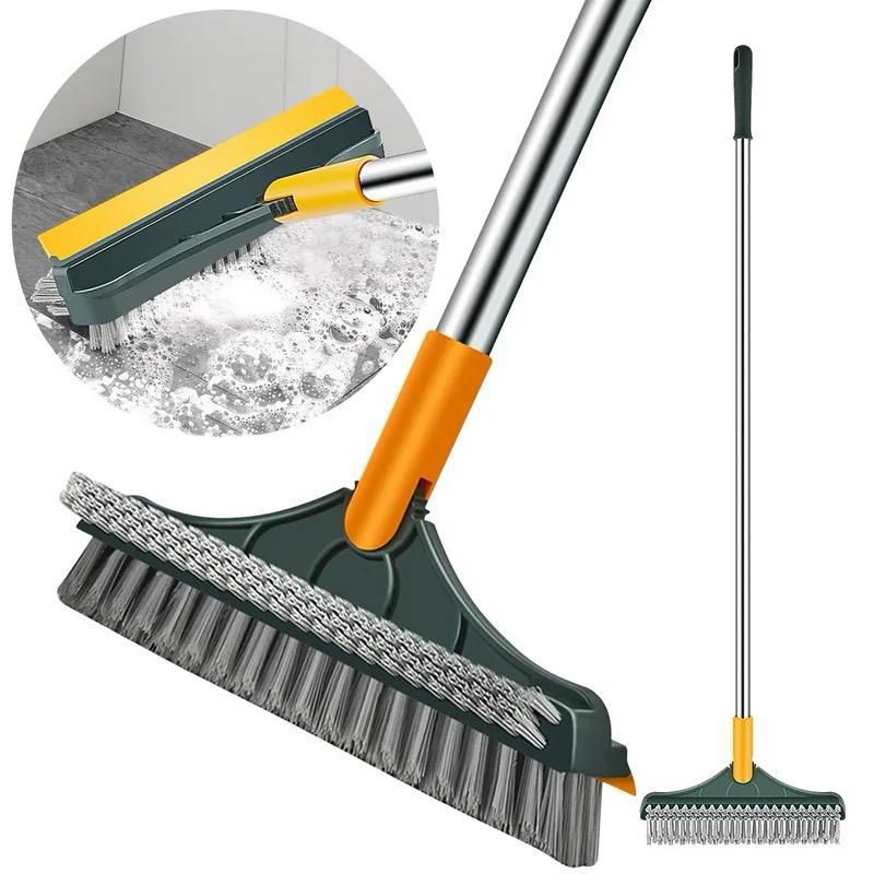 3 in 1 V Shaped Floor Scrubbing Brush with Broom & Squeegee 180° Rotatable Long Handle, Stiff Bristles, and Scraper for Corners