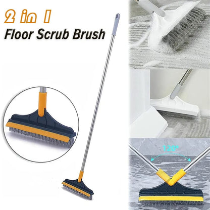 3 in 1 V Shaped Floor Scrubbing Brush with Broom & Squeegee 180° Rotatable Long Handle, Stiff Bristles, and Scraper for Corners