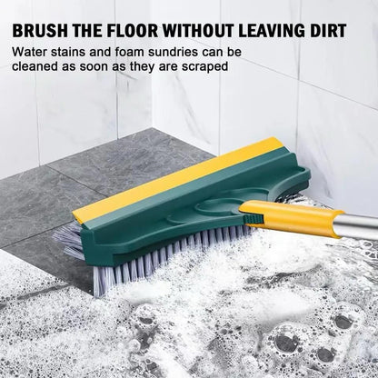 3 in 1 V Shaped Floor Scrubbing Brush with Broom & Squeegee 180° Rotatable Long Handle, Stiff Bristles, and Scraper for Corners