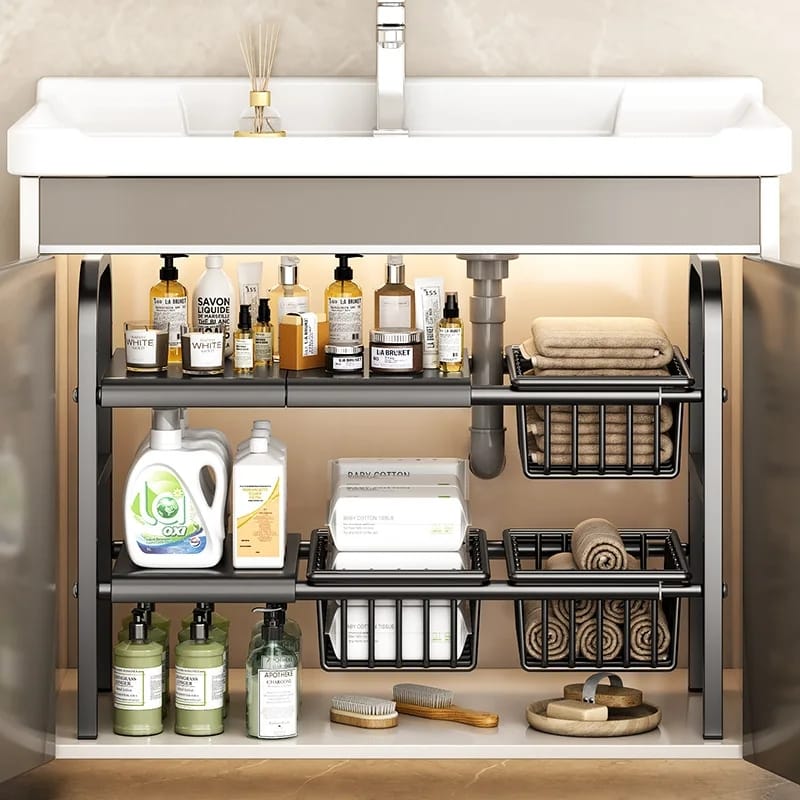 Under the Sink Adjustable 2 Tier Rack  Multifunctional Kitchen & Bathroom Storage, 53*88cm Adjustable