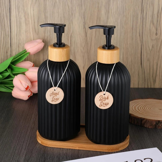 2 Pcs Set Hand and Soap Dispenser with Bamboo Tray | Matte Black Glass Dispensers with Wooden Tag