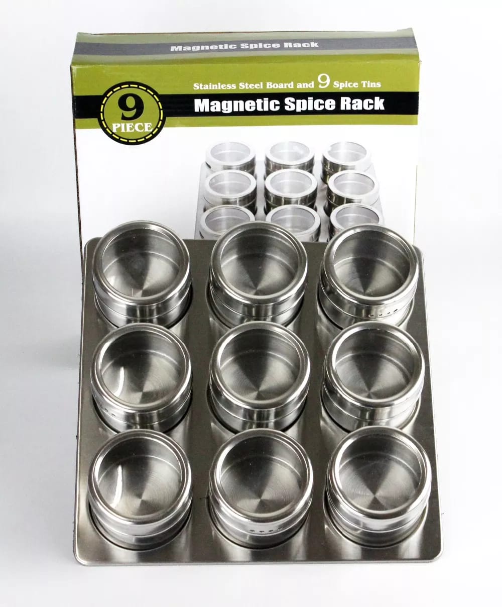 Magnetic Cruet Condiment Spice Jar Set | 9 Piece Stainless Steel Set with Wall Mounted Rack Spice Container