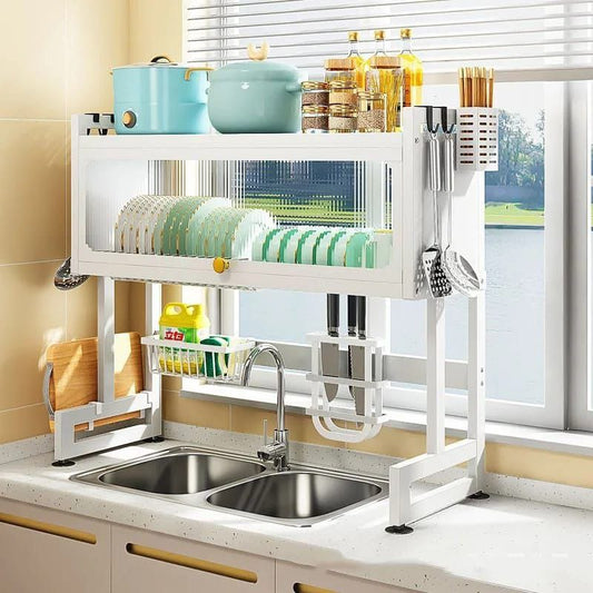 Over the Sink Dish Rack 85cm Adjustable Two Sink Drainer, Black and White