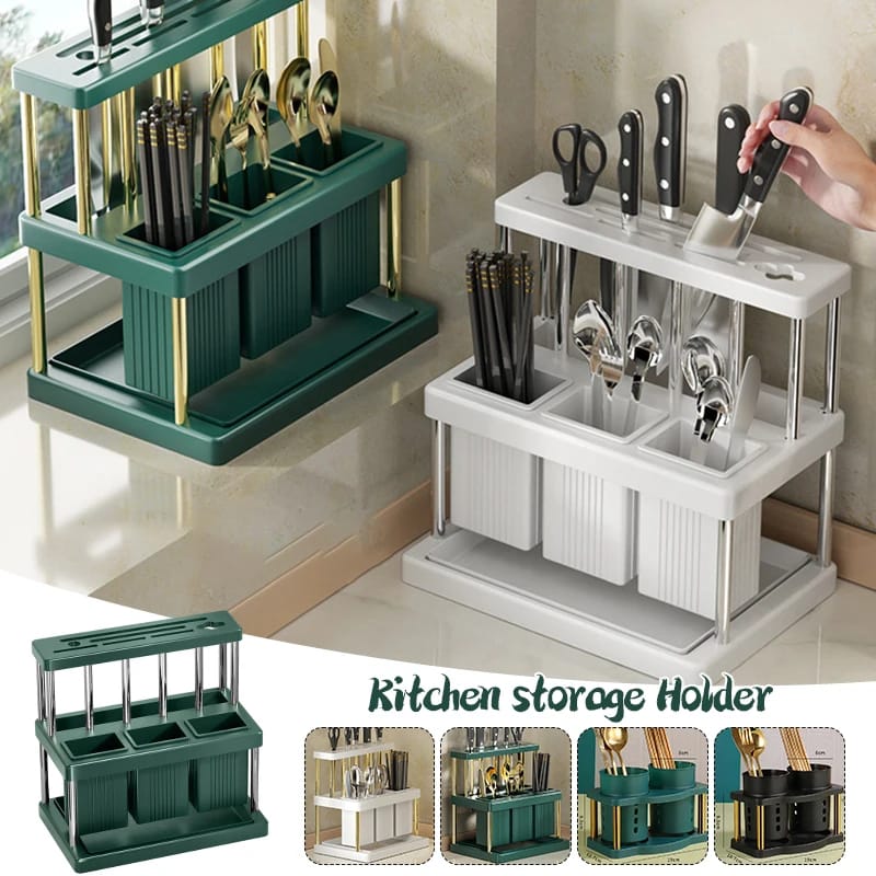 Kitchen Cutlery Holder  Multifunctional Utensil Storage Rack for Spoons, Forks, Knives (25x23x16cm, White|Green with Gold Stand)