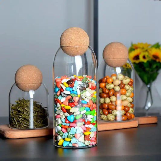 3- piece Airtight Seal Open Ball Cork Transparent Clear Glass Jar with Bamboo Lid-500/800/1200ml Capacities