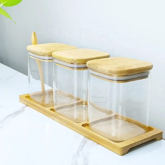 3 in 1 Airtight Glass Container with Bamboo Lid and Spoon | 500ml Capacity | Perfect For Organizing and Storing Spices In Style