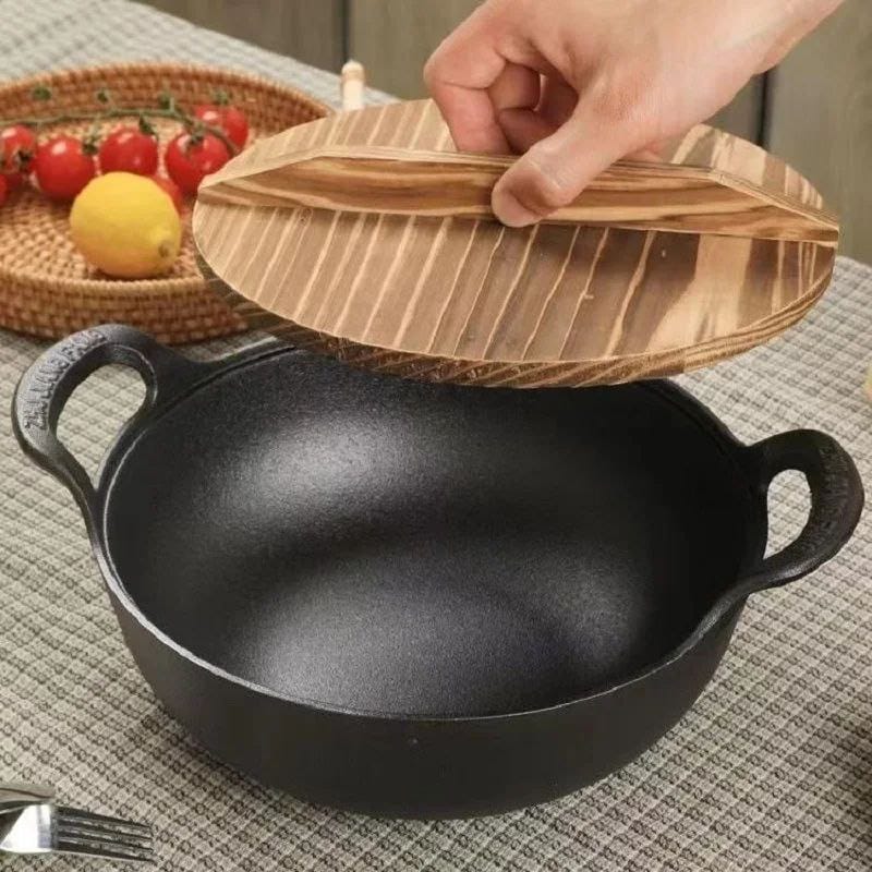 Pre Seasoned Pure Cast Iron Flat Bottom Wok with Wooden Lid | 27cm | Double Handles