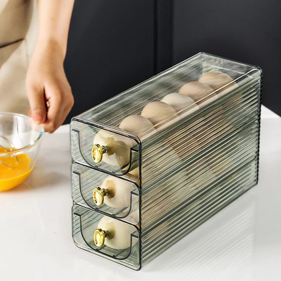 3 Layer Space Saving Egg Tray | Automatic Rolling Acrylic Egg Organizer for Fridge & Pantry