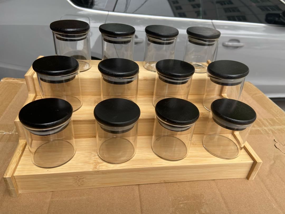 12 Piece Glass Spice Jars with Bamboo Black Lids and Stand | 200ml Borosilicate Glass Jars for Sleek Spice Organization