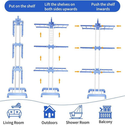 3 Layer Portable Movable Cloth Drying Rack Compact and Easy to Assemble, Durable Plastic and Iron Construction