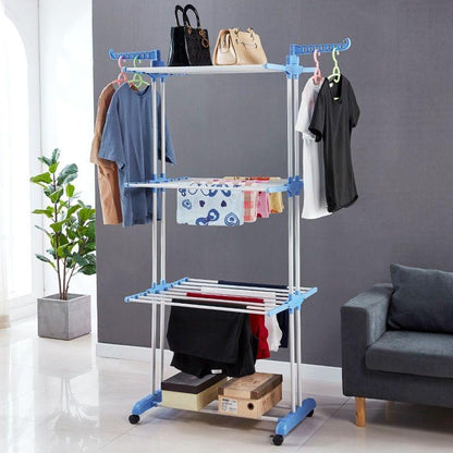 3 Layer Portable Movable Cloth Drying Rack Compact and Easy to Assemble, Durable Plastic and Iron Construction