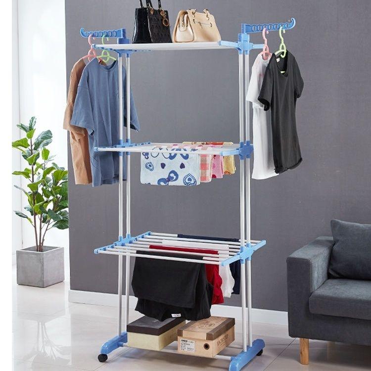 3 Layer Portable Movable Cloth Drying Rack Compact and Easy to Assemble, Durable Plastic and Iron Construction