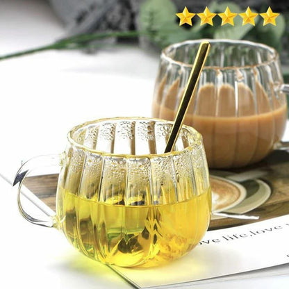 Striped Pumpkin-Shaped 2-piece 400ml Transparent Clear Glass Borosilicate Cups Set| Hot | Cold Drinks