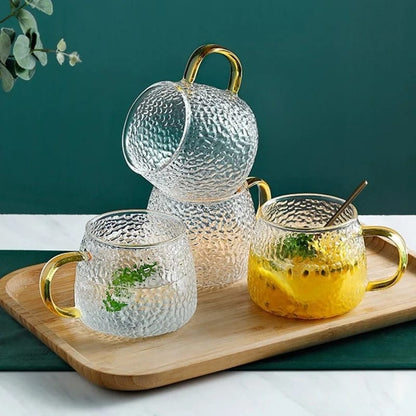 High Quality 350 ml Hammer Patterned Glass Cups with Gold Handles (Set of 6)