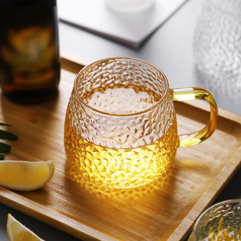 High Quality 350 ml Hammer Patterned Glass Cups with Gold Handles (Set of 6)