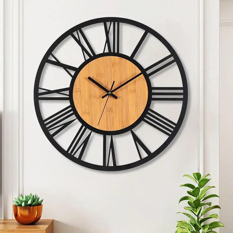 Antique Wall Clock with Bamboo Detail | 40 cm Classic Metallic Vintage Timepiece | Home & Office Decor