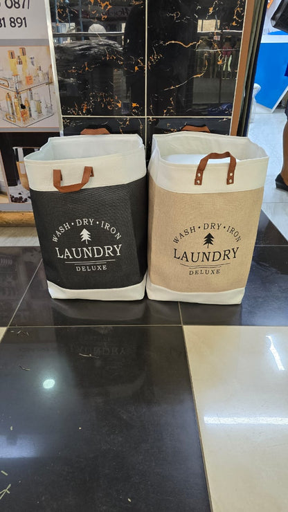 Large Capacity Cotton & Linen Cloth Foldable Laundry Deluxe Baskets with PU Leather Handles | Khaki | Black |  35 cm x 35 cm x 56 cm