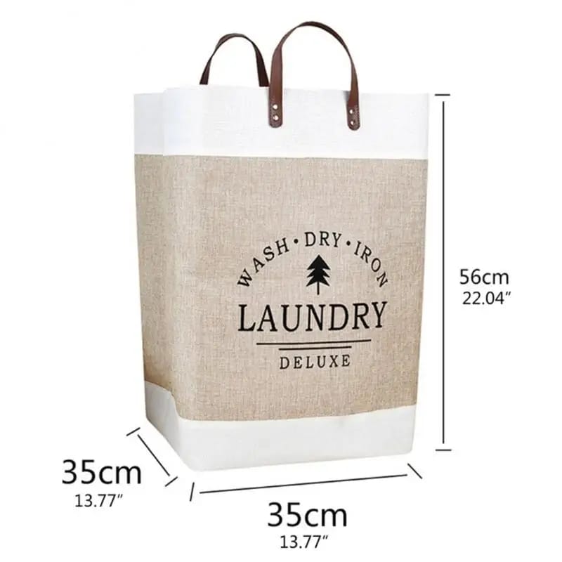 Large Capacity Cotton & Linen Cloth Foldable Laundry Deluxe Baskets with PU Leather Handles | Khaki | Black |  35 cm x 35 cm x 56 cm