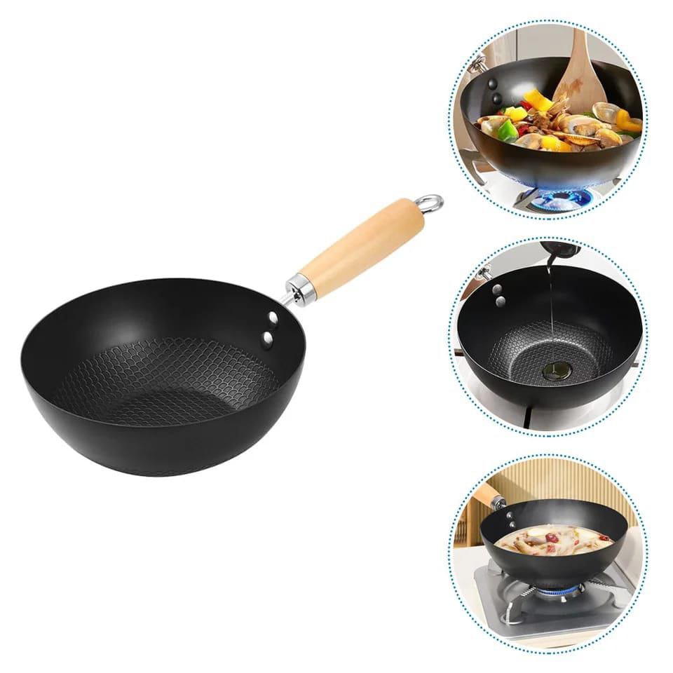 Heavy Duty Mini Wok | Uncoated NonStick Iron Pan with Wooden Handle | 26cm Versatile Cooking Tool