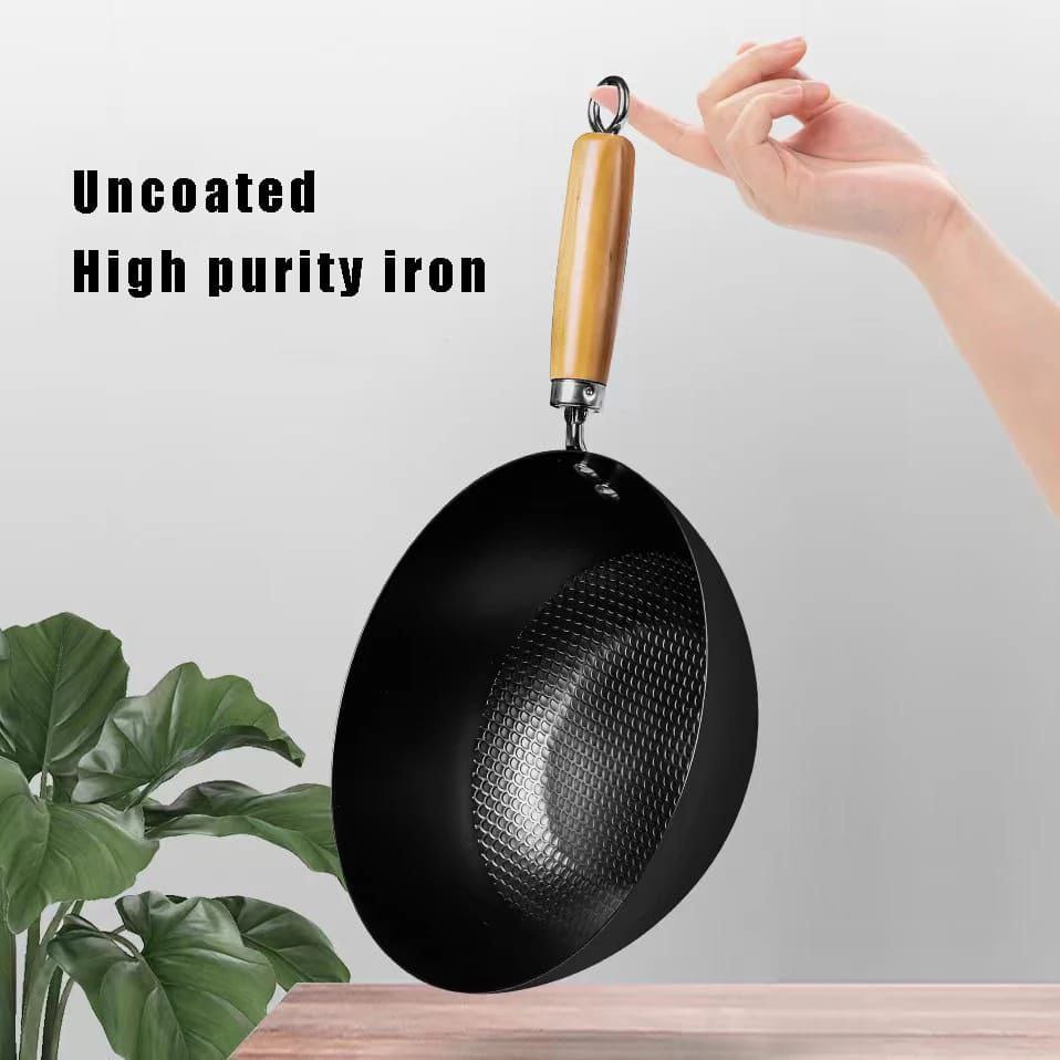 Heavy Duty Mini Wok | Uncoated NonStick Iron Pan with Wooden Handle | 26cm Versatile Cooking Tool