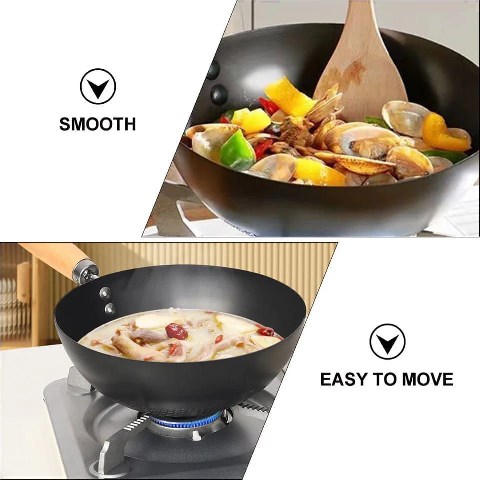 Heavy Duty Mini Wok | Uncoated NonStick Iron Pan with Wooden Handle | 26cm Versatile Cooking Tool