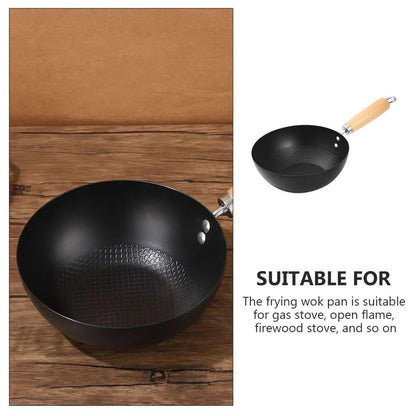 Heavy Duty Mini Wok | Uncoated NonStick Iron Pan with Wooden Handle | 26cm Versatile Cooking Tool