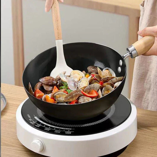 Heavy Duty Mini Wok | Uncoated NonStick Iron Pan with Wooden Handle | 26cm Versatile Cooking Tool