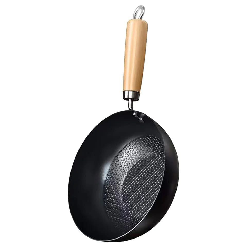 Heavy Duty Mini Wok | Uncoated NonStick Iron Pan with Wooden Handle | 26cm Versatile Cooking Tool