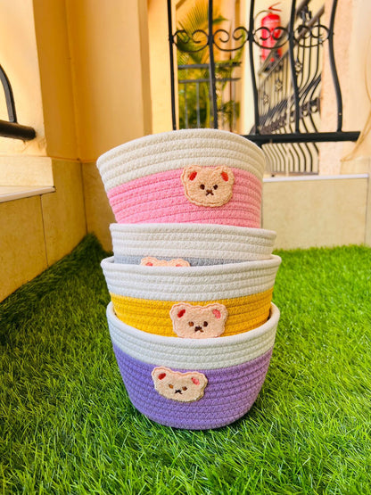 Multipurpose Round-Shaped Handmade Bright-Colored Delicate Cotton Rope Sundries Basket|Living Room |Bedroom |Kitchen| Closet Organizer | Blanket Toys Pillow Towels  {7 x 4.3} inches