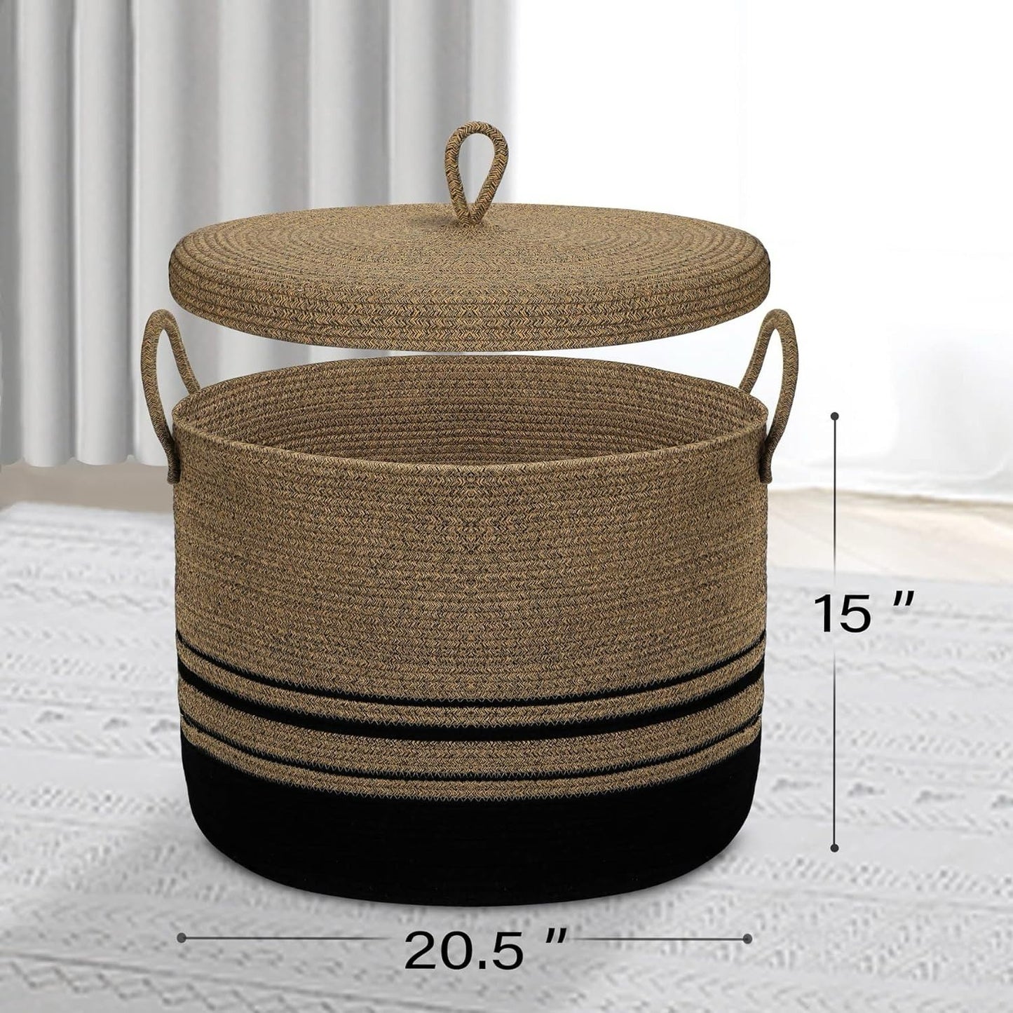 Decorative Large Laundry Woven Basket | High-Quality Cotton Rope Storage Basket with Lid & Handles | Organizer for Blankets, Cushions, Toys