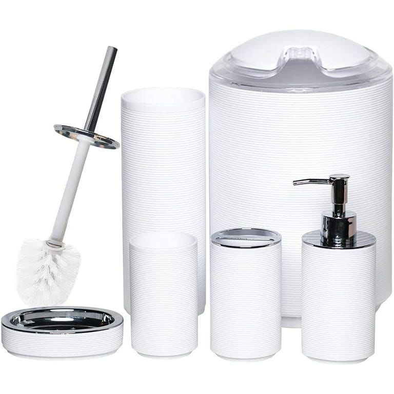 6pcs Bathroom Accessories Set Durable Plastic, Mildew Free, Elegant Design (Soap Dispenser, Toothbrush Holder, Toilet Brush, Trash Can)