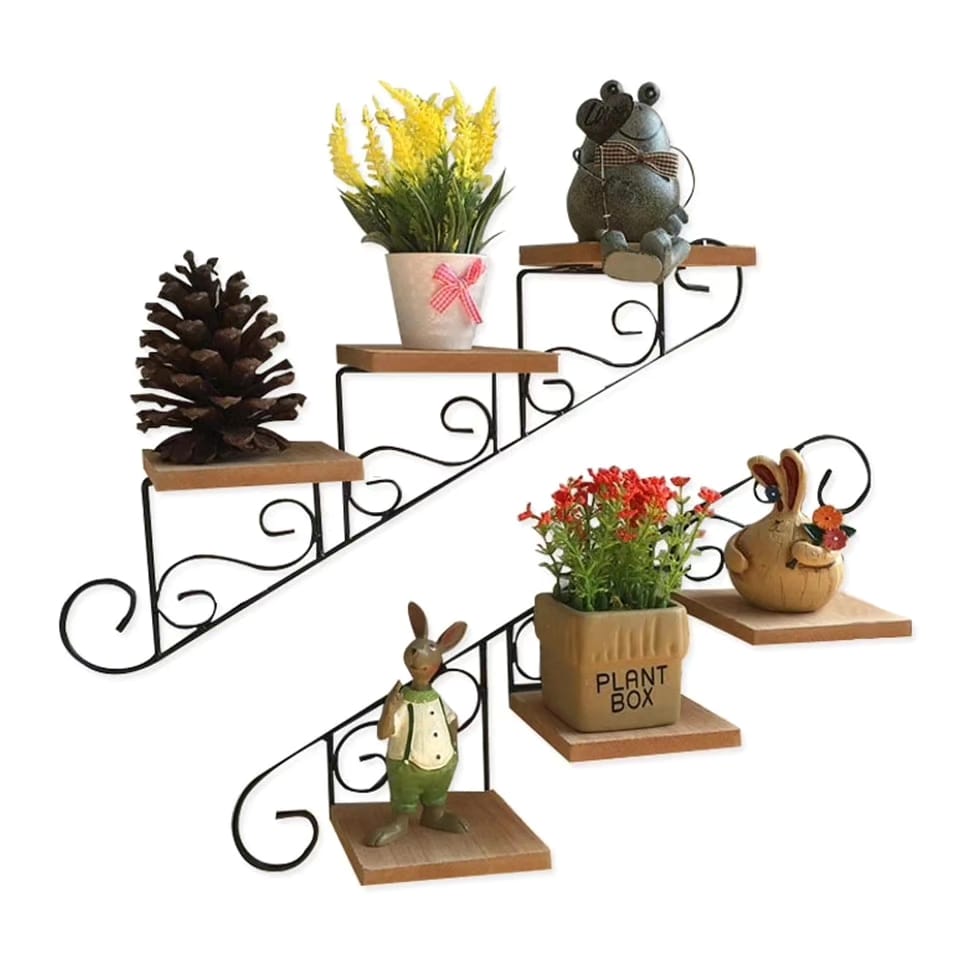 Staircase Wall Hanging Flower Shelf Wrought Iron & Wood, Modern Design for Living Room, Office, and Corridor Decor