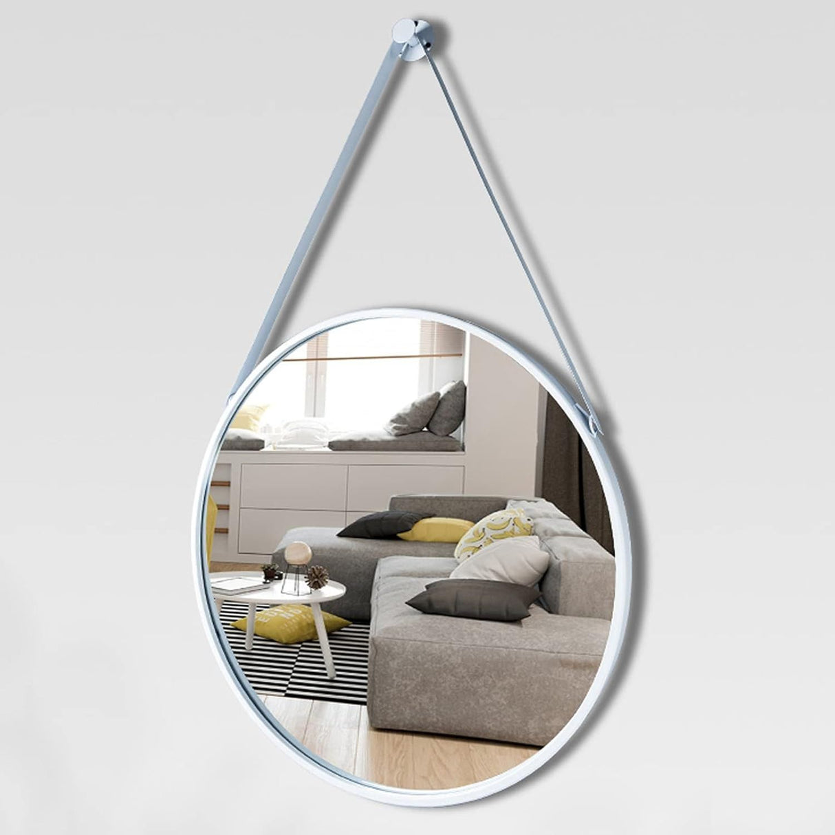 Furaha Finds Round Hanging Mirror with Strap – 60cm Nordic-style decorative wall mirror for living rooms, bathrooms, and modern home décor.