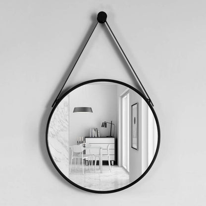 Round Hanging Mirror with Strap | Nordic Style Metal Frame | 60 cm Diameter| Round Mirror Nordic Style Metal Frame Mirror Hanging Mirror with Strap Minimalist Decor| Bathroom Dining Room Living Room Bedroom Home Decor