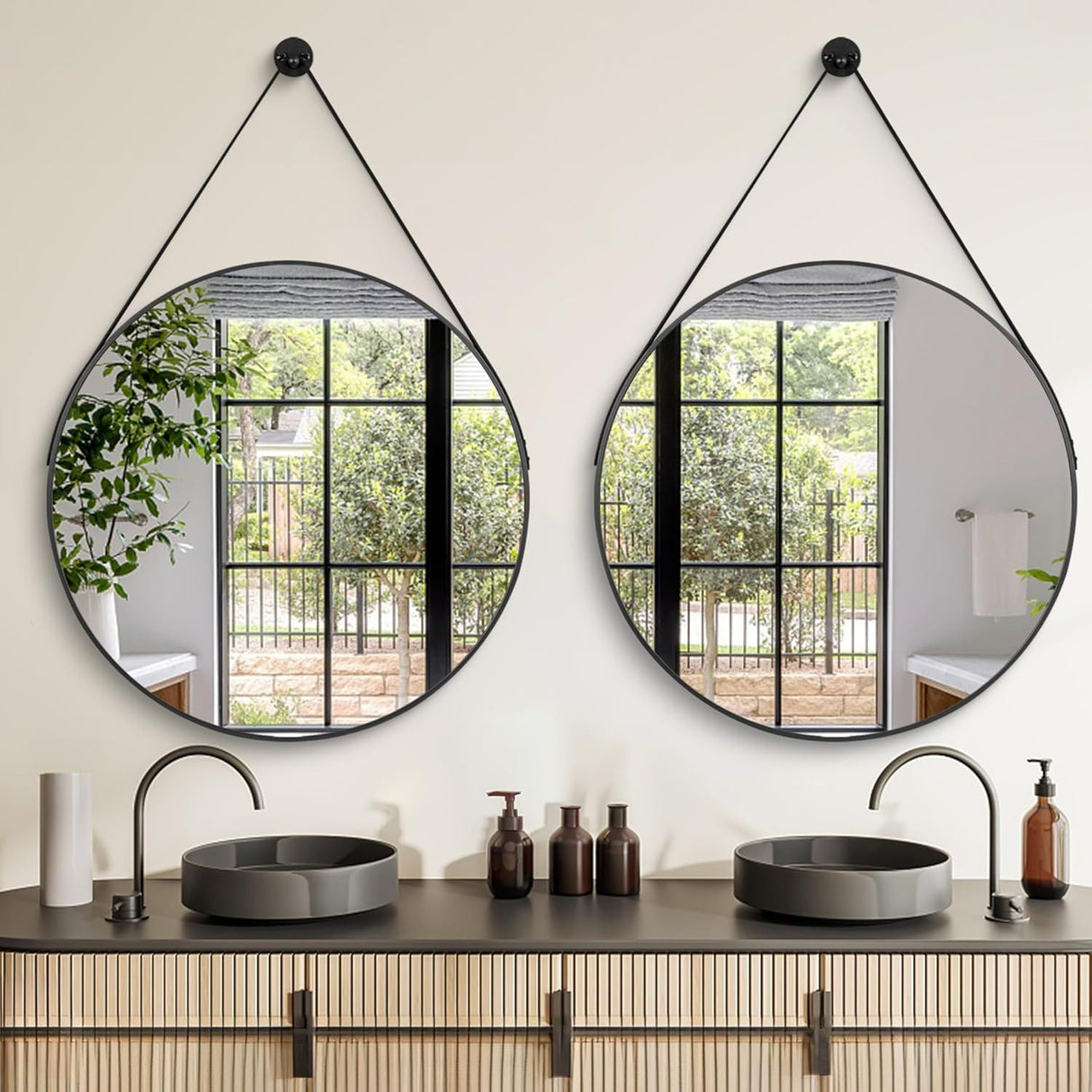 Round Hanging Mirror with Strap | Nordic Style Metal Frame | 60 cm Diameter| Round Mirror Nordic Style Metal Frame Mirror Hanging Mirror with Strap Minimalist Decor| Bathroom Dining Room Living Room Bedroom Home Decor