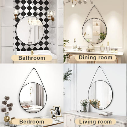 Round Hanging Mirror with Strap | Nordic Style Metal Frame | 60 cm Diameter| Round Mirror Nordic Style Metal Frame Mirror Hanging Mirror with Strap Minimalist Decor| Bathroom Dining Room Living Room Bedroom Home Decor