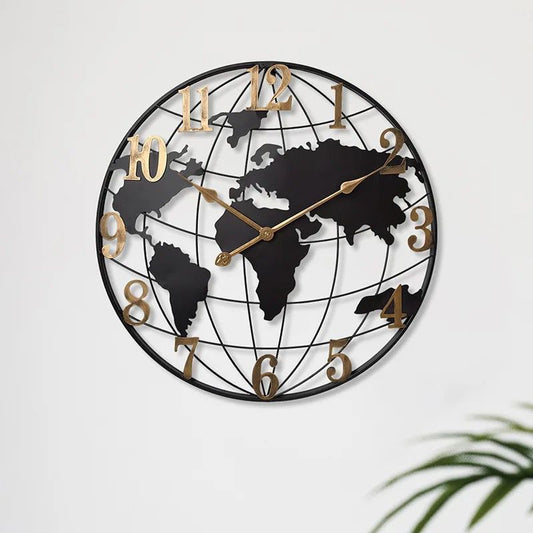 Modern Elegant Large Round Metal World Map Wall Clock | 60 cm Elegant Decorative Clock| World Map Motif Design| Living Room Home Kitchen Bedroom Office Decor