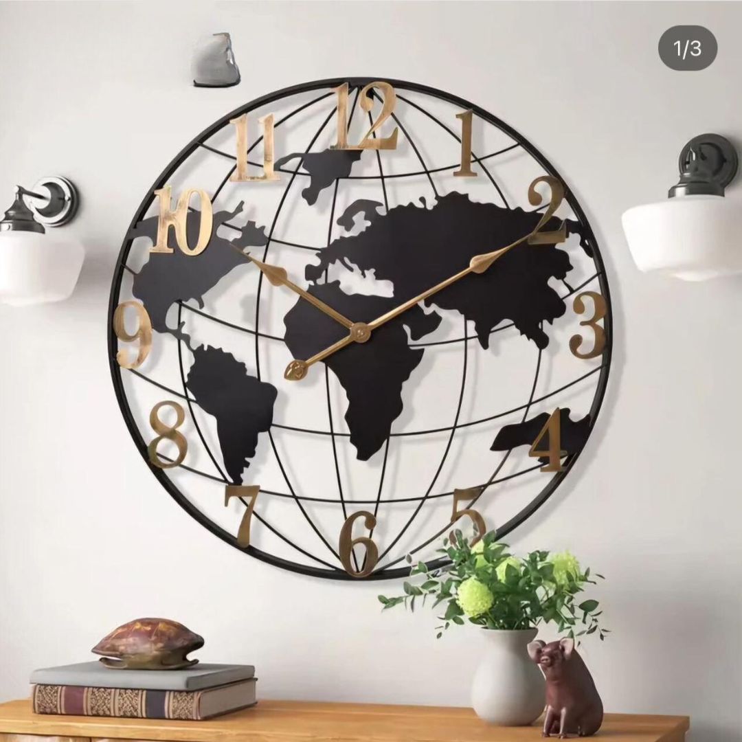 Modern Elegant Large Round Metal World Map Wall Clock | 60 cm Elegant Decorative Clock| World Map Motif Design| Living Room Home Kitchen Bedroom Office Decor