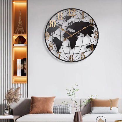 Modern Elegant Large Round Metal World Map Wall Clock | 60 cm Elegant Decorative Clock| World Map Motif Design| Living Room Home Kitchen Bedroom Office Decor