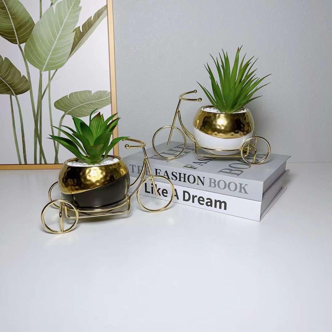 Vintage Ceramic Planter with Spring Garden Flower | Elegant Indoor Outdoor Decor with Gold Bike Stand