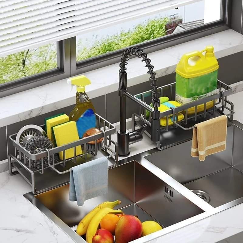 Sink Caddy with Water Draining Tray Multifunctional Sink Sponge and Detergent Storage Rack, Carbon Steel and Plastic, 23x11x9cm, Available in White and Black