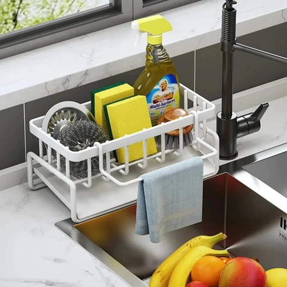 Sink Caddy with Water Draining Tray Multifunctional Sink Sponge and Detergent Storage Rack, Carbon Steel and Plastic, 23x11x9cm, Available in White and Black