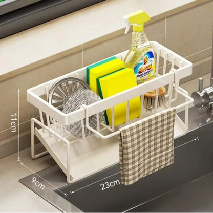 Sink Caddy with Water Draining Tray Multifunctional Sink Sponge and Detergent Storage Rack, Carbon Steel and Plastic, 23x11x9cm, Available in White and Black